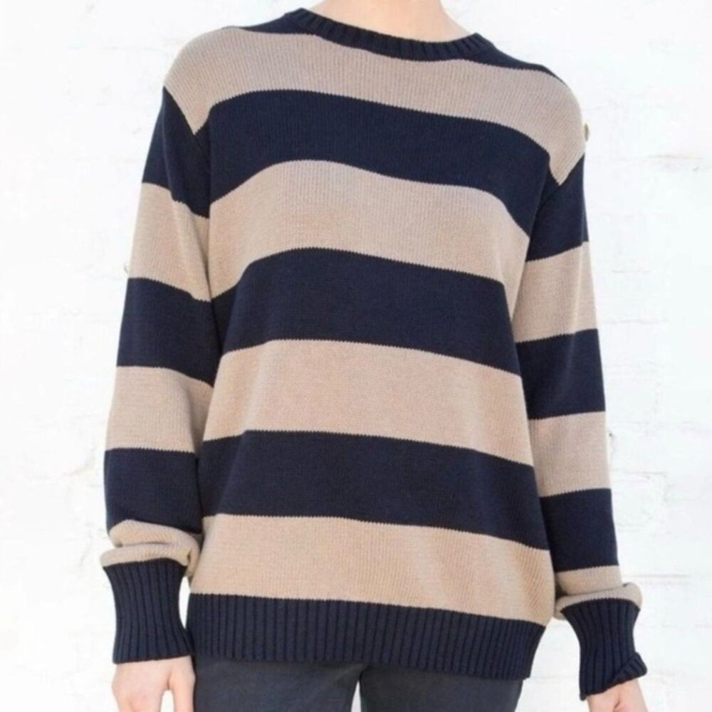 BRANDY MELVILLE Striped Crewneck Sweater Oversized Navy Tan One Size